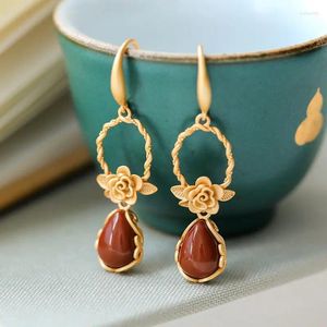 Dangle Earrings S925 Sterling Silver Inlaid Natural South Red Agate Drop-Shaped Peony Flower Vine Elegant Noble
