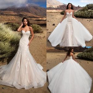 Stunningbride 2024 Vintage Champagne Sweetheart Sirena Abiti da sposa in pizzo con gonne oversize Treno staccabile Backless Beach Abiti da sposa taglie forti