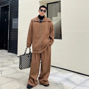 Tute da uomo SYUHGFA Abbigliamento uomo Manica lunga Risvolto Maglione lavorato a maglia Gambe larghe Pantaloni larghi causali 2024 Primavera Moda coreana Due pezzi