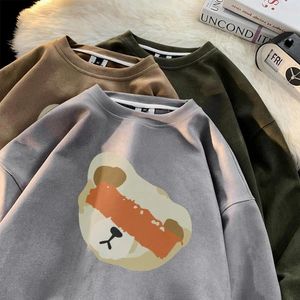 Felpe con cappuccio da uomo Harajuku Cute Bear Uomo Pullover in pelle scamosciata Felpe oversize O-Collo Chic Y2k Abbigliamento coreano Manica lunga Maschile Top