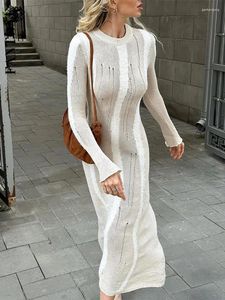 Casual Dresses Fantoye Sticked Sexy Hollow Out Women Maxi Dress White Long Sleeve See Through Female Autumn Slim Elegant Streetwear 2023