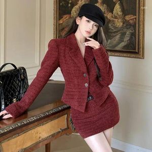 Vestido de duas peças unxx 2023 outono inverno high-end grosso terno vermelho jaqueta e saia conjunto para mulheres moda coreana emagrecimento chique senhora do escritório