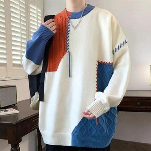 Męskie swetry zimowe jesień męskie swetra gęsta ciepła luźna miękka miękka szyja z załogi kontrast kolor patchwork długość długiej długości pullover swe