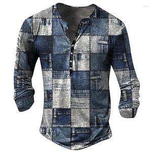 Homens camisetas Vintage T-shirt Imitação de algodão Tees Geometic Line 3D Impresso Manga Longa Henley Camisa Top Oversize Homens Roupas Pulôver