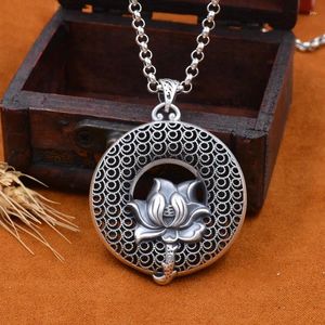 Hängen Classic Lotus Lucky Buckle Pendant for Women Jewelry Trendy 925 Silver Sweater Chain Long Necklace Retro Ethnic Men