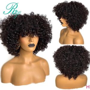 Perukar 13x4 180% Afro Kinky Curly spets Front Simulation Human Hair Wigs With Bang For Black Women Prepluched Short Bob Wig With Bangs Syn