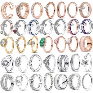 Pandora-Ringe mit authentischer Passform, Charm-Anhänger, Herzkrone, Roségold-Kristallring, funkelndes Liebesherz