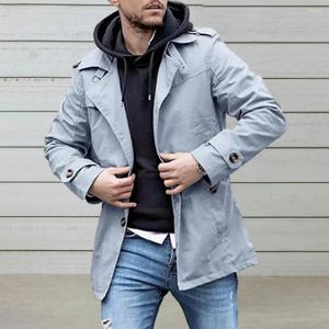 Men's Trench Coats Men Fall Coat Lapel Mid Length Solid Color Loose Windproof Button Decor Casual Streetwear Single-breasted Spring