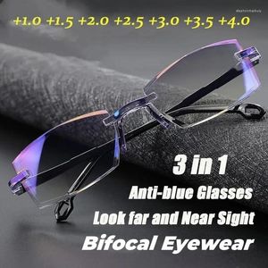 Солнцезащитные очки с обрезанными краями, модные очки для чтения, синий свет, блокирующая защиту глаз, безрамные очки для дальнозоркости, очки для дальнозоркости