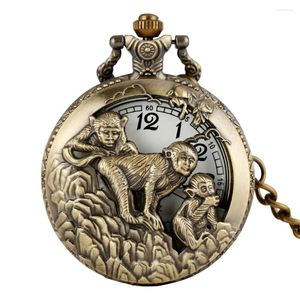 Pocket Watches Bronze Quartz Titta på kinesiska Zodiac Monkey Design Steampunk Arabiska siffror Klocka FOB Halsband Män kvinnors gåvor