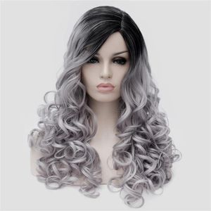 Wigs New Middle Part Long Black Roots Ombre Grey/Purple Deep Wave Spirals Wigs