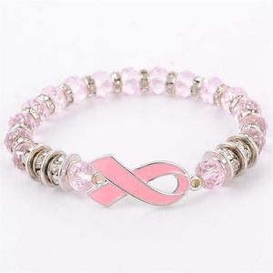 Bröstcancermedvetenhet pärlor armband rosa band armband glas kupol cabochon knappar charms smycken gåvor till flickor kvinnor269g
