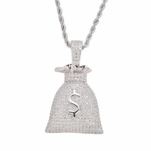 US Dollar Money Bag Pendant With Tennis Chain Gold and Silver Color Cubic Zircon Men's Hip hop Necklace Jewelry For Gift184L