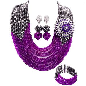 Collana Orecchini Set Acuzv 10 Righe Costume Viola Perline Africane Gioielli