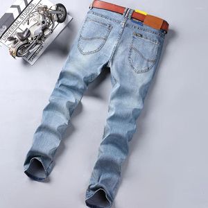 Jeans masculinos negócios primavera reta moda estiramento calças casuais verão leve magro