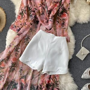 Dress ZCWXM Spring Women Printed Two Piece Set Long Sleeve Summer V Neck Asymmetrical Chiffon Shirt White Shorts Casual Ladies Sets