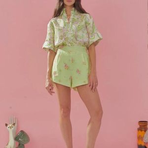 Vestido estilo country 2022 verão qualidade superior cânhamo facilidade luz verde paisley roxo loops bolsos guia manga floral shorts feminino conjuntos