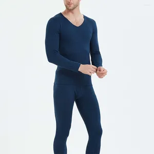 Men's Thermal Underwear Winter Long Johns Set Sleeve Tops Bottoms V Neck Solid Color Suit
