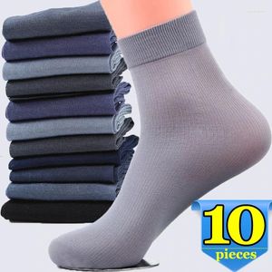 Men's Socks 10pairs Ice Silk Men Summer Breathable Bamboo Fiber Stripe Mid-tube Sock Business Male Casual Elastic Ultra-thin Ankle Sox