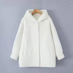 Women's Fur White Faux Long Coat Women Fashion Hooded Clothing Sleeve Trench Jacket Winter Warm