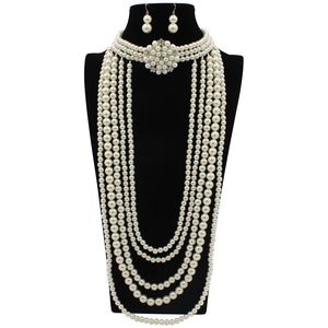Novos acessórios de moda feminina longo colar de pérolas com diamante incrustado pérola flor colar pérolas brincos longo camisola corrente