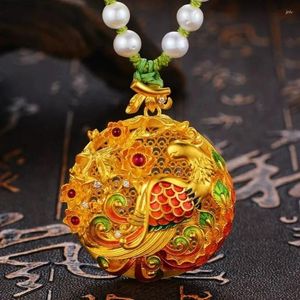 Anhänger Halsketten Chinesischen Stil Vintage Kupfer Vergoldet Hohl Geschnitzte Filigrane Emaille Phoenix Halskette Für Frauen Schmuck Ohne Kette