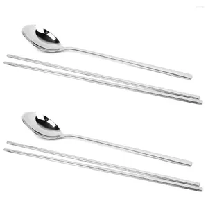 Flatware Sets 2 Pair Long Handle Chopsticks Dinner Spoons Kitchen Tableware