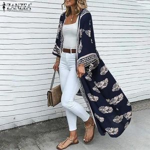 Blusa zanzea verão boêmio floral impresso praia cardigan feminino quimono férias casual blusa manga longa frente aberta longo topos camisa