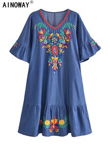 ドレスヴィンテージシックな女性フローラル刺繍ビーチボヘミアンミニドレスレディース半袖VNECK DENIM BOHO DOSSES VESTIDOS