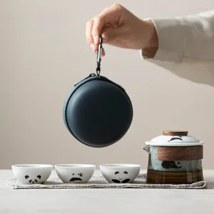 Teaware set söt panda teset kit elegant komplett glasbryggning gaiwan 1 skål 3 koppar hushåll bärbar tygväska för