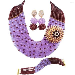 Necklace Earrings Set Fashion Dark Purple Lilac Nigerian Wedding African Beads Jewelry Crystal Sets 10SZ16