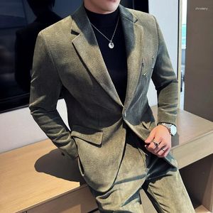 Men's Suits Elegant For Men High Quality Winter Thick Woolen Costume Homme Fashion One Button Slim Blazer Jackets And Pants Set