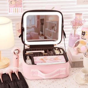 Makeup Train Case with 3 Color Adjustable Brightness LED Mirror Cosmetic Travel Case Adjustable Dividers Toiletry Bag for Lady 231229