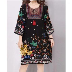 Casual Dresses 2023 Spring Summer Ethnic Floral Printed Dress Big Size 5XL Loose Beach Elegant Three Quarter Sleeve Midi