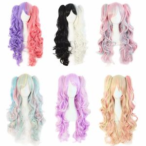 Peruki dwa pędzel ponytail peruka Woodfestival Wavy długie peruki dla kobiet syntetycznych włosów Cosplay z grzywką różowy fioletowy niebieski czarny whit