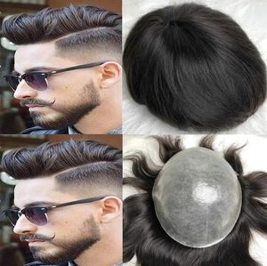 Wigs Mens Wig Silky Straight Full PU Toupee Black #1b Malaysian Virgin Remy Human Hair System Men Hair Replacement for Men Free Shippin