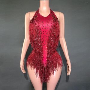 Abbigliamento da palco Strass dorati scintillanti Frange rosso vino Body da donna Vestito da discoteca Performance Costume da ballo Body intero