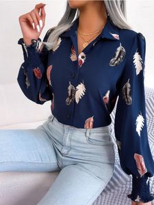 Blusas femininas moda verão blusa feminina 2023 penas impressas manga comprida com decote em v casual lanterna mangas camisas e para mulher