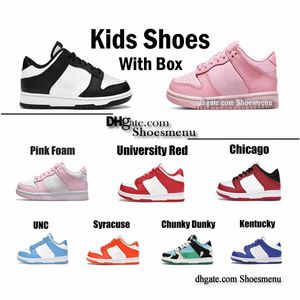 Mit Box Kinder Sneakers Hochwertige Designer Low Jungen Mädchen Kinder Baby Kleinkind Schuhe Weiß Schwarz Panda UNC Blau Triple Pink Foam University Rot Grün Orange Shadow