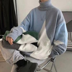 Men's Sweaters Men Sweater Colorblock Knitted Turtleneck With High Collar Neck Protection Soft Warmth Elastic Mid Length Autumn