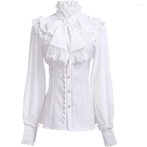 Kvinnors blusar viktorianska ruched spetsskjortor och gotiska lolita vintage långärmad lotus ruffle solid svart vit toppar skjorta