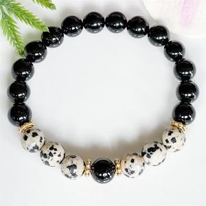 MG1503 Strand Black Tourmaline och Dalmatian Jasper Pärlade armband ädelstenens helande kristallarmband mala för negativ263v