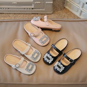 2024 Little Girl's Mary Jane Ballerina Flat Princess Rhinestone Flower Wedding Party Dress Black Pink Beige Leather Kid Shoes