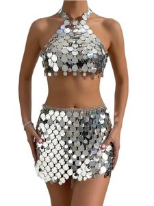 Kleid Sexy Frauen aushöhlen glänzende Kunststoff-Pailletten zweiteilige Sets rückenfreie Neckholder-Crop-Tops geteilte Metallkette glänzende Miniröcke Outfits