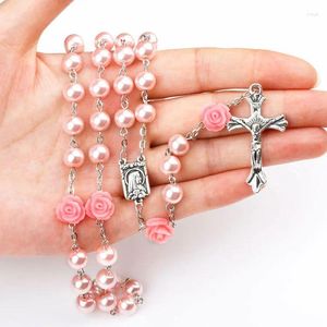 Pendant Fashion Necklaces Religion Cross Rosary for Women Colorful Soft Pottery Beads Long Chain Virgin Mary Jewelry