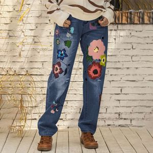 Jeans 2022 Autumn New Retro High midja Löst denimbyxor Streetwear Printed Women Fashion Women's Pants for Mom