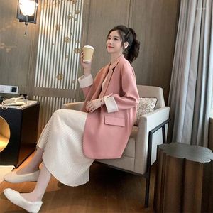 Women's Suits Jacket Colorblock Overcoat Long Trench Coat Over Coats For Women Outerwears Pink Clothes Blazer Woman Dress Bring Korean