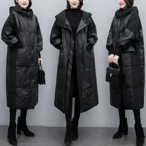 Casacos de trincheira femininos inverno fino para baixo algodão jaqueta senhora moda preto com capuz jaquetas manga longa casaco quente parka feminino solto outwear