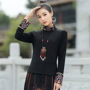 Ethnic Clothing 2023 Chinese Traditional T-shirt National Flower Embroidery Stand Collar Base Shirt Vintage Hanfu Tops Oriental Retro Tang