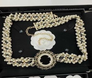 2021 C Brand Fashion Jewelry Women Vintage Thick Chain Long Belt Gold Color Pearls Black Leather Belt Party Fine Top Qulaity9865240